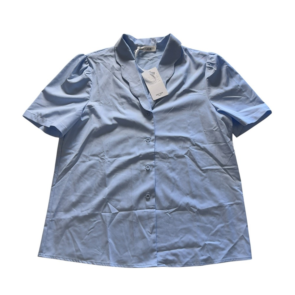Grace Karin Button Up Blouse Women's Size M Light Blue Scallop Collar Officewear